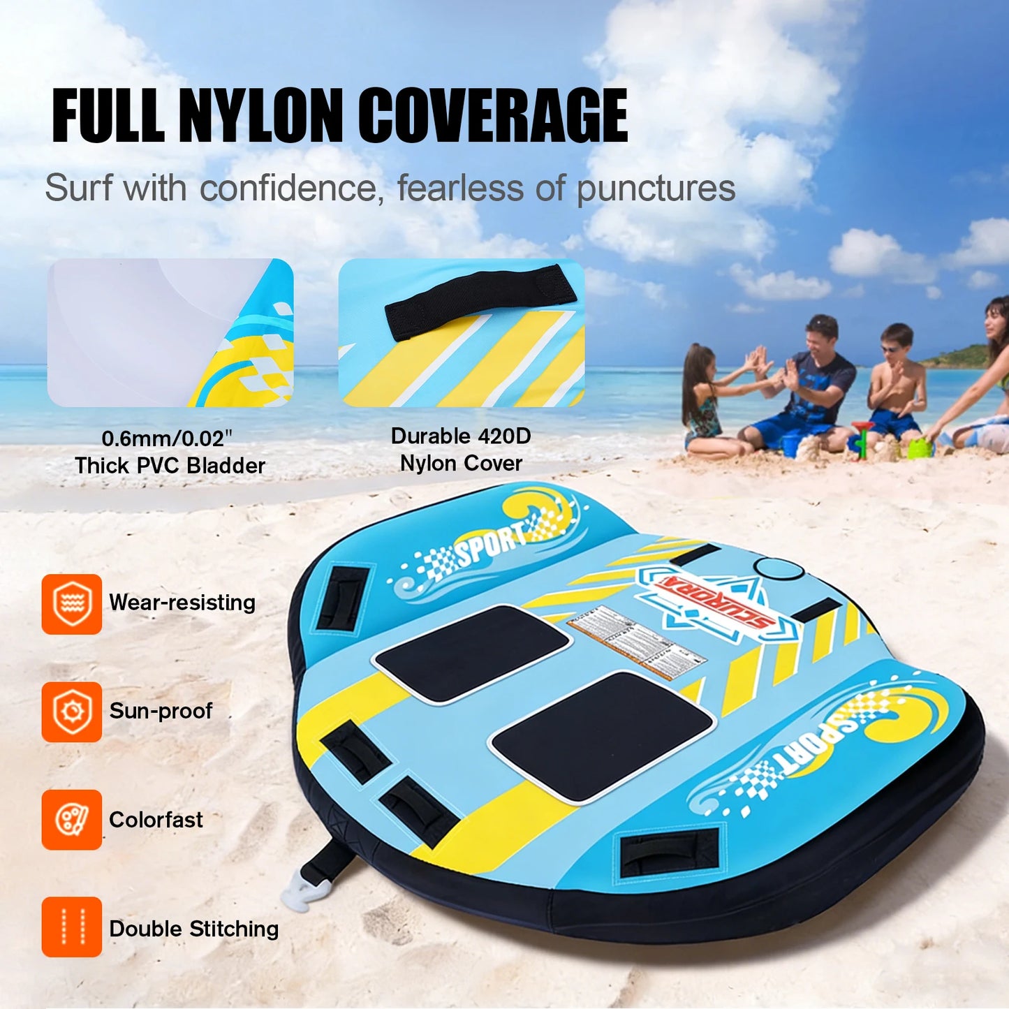 2 Person Towable Tube for Boating, Heavy Duty 420D Nylon Cover Pull Tube with Tow Points, Water Sport Tubes and Towables for Lake River Water Sports Fun
