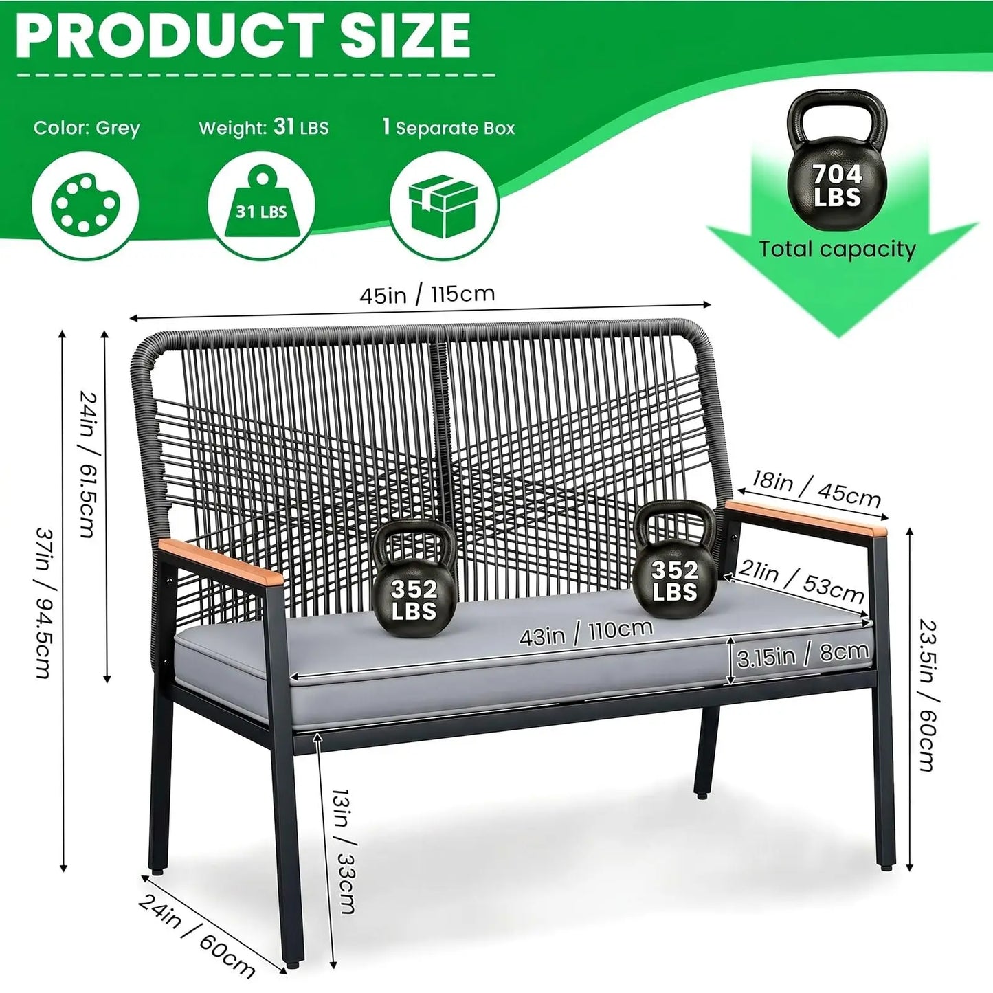 Rattan Patio Loveseat for 2 with Cushion,Patio Loveseat with Curved Back and WPC Armrest,Two-Person Seating for Porch,Balcony,Terrace