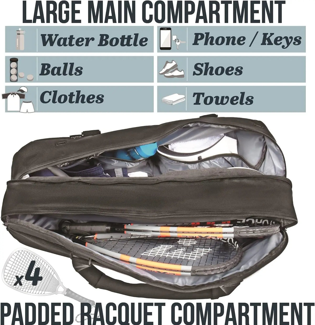 Durable Tennis Racket Carrying Bag With Padded Racket Compartments