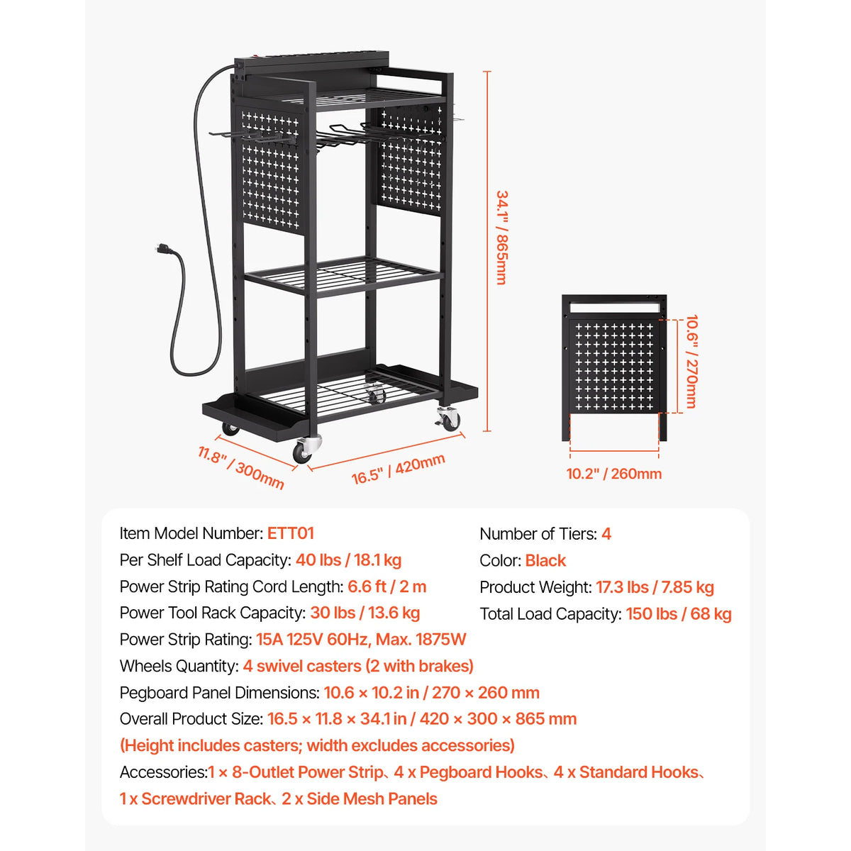 Rolling Tool Organizer Cart With Integrated AC Charging Station