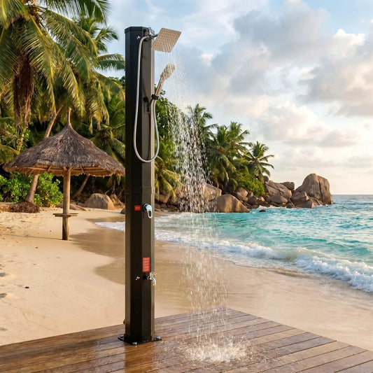 Solar Heated Shower,Outdoor PVC Freestanding Shower with 360 Rotating Rainfall,Handheld Head,Temperature Adjustment,Foot Faucet