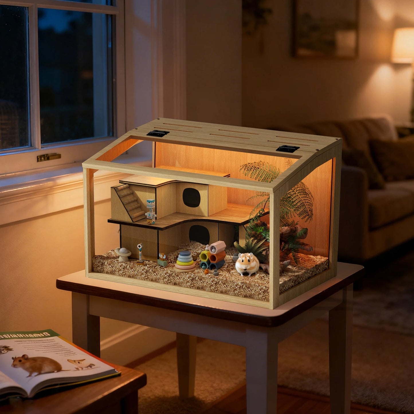 Bingopaw Wooden Hamster Cage With Tempered Glass And LED Light