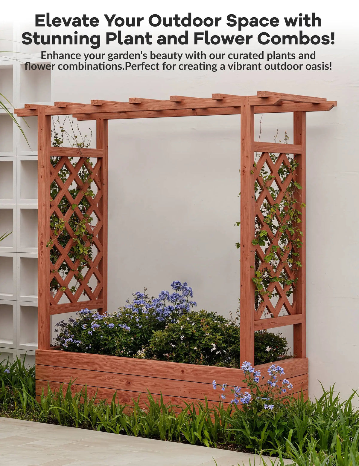 HiMISS Elevated Wooden Raised Garden Bed Trellis Planter