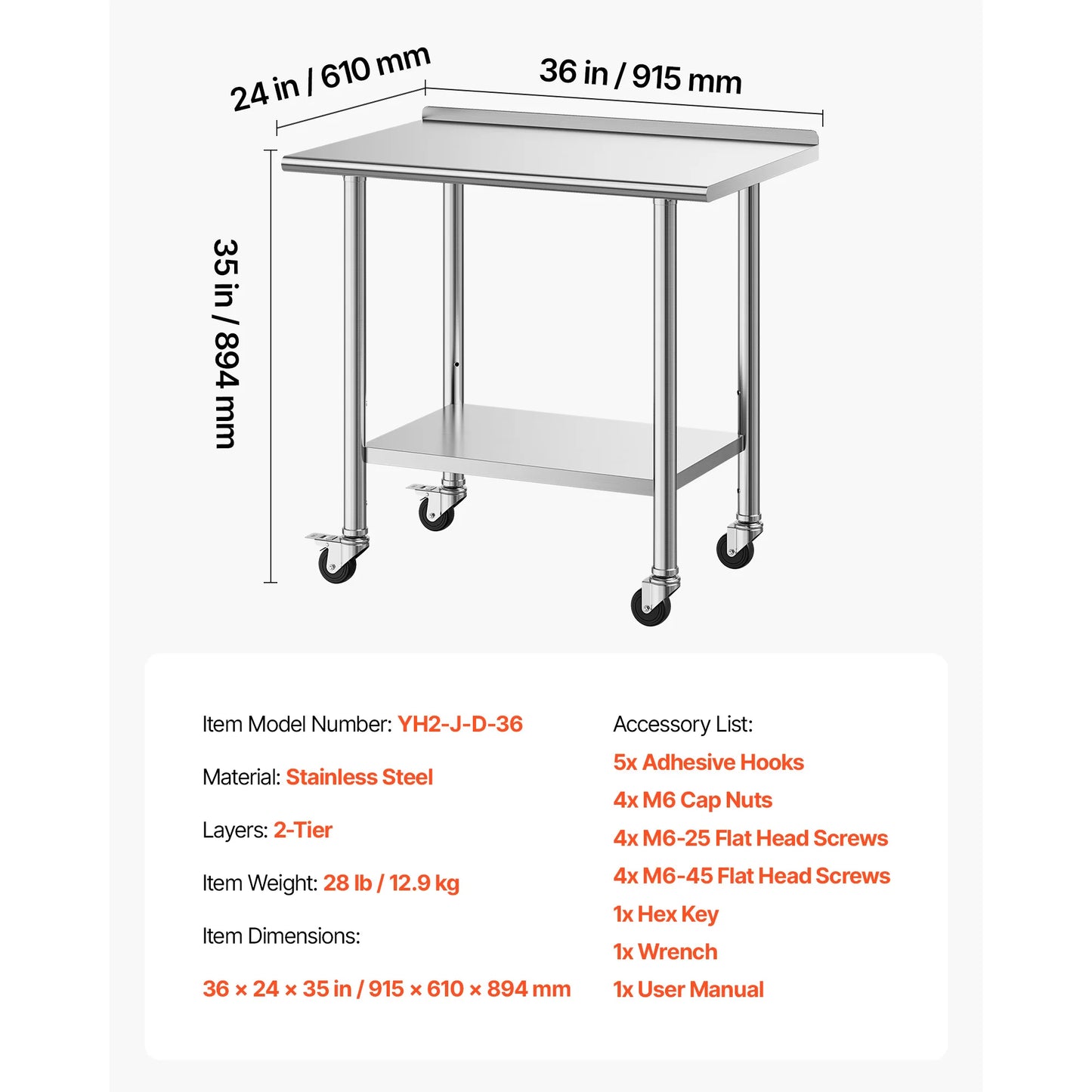SucceBuy Stainless Steel Work Table With Wheels Commercial Kitchen Station