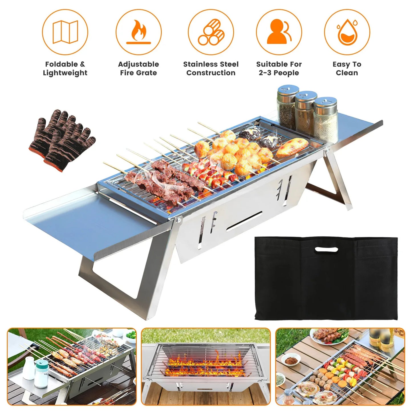 Foldable Charcoal BBQ Grill Stainless Steel Grill Net Easy Setup Portable Tabletop Barbecue Grill for Camping Picnic Outdoor Party Backyard