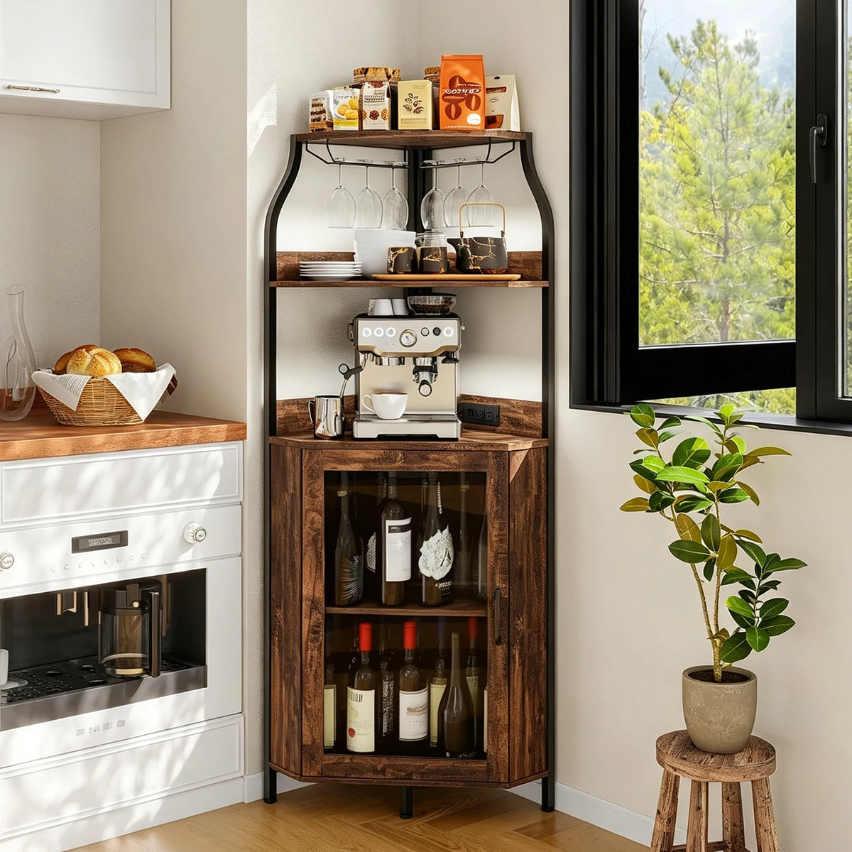 HiMISS Corner Bar Cabinet With LED Lights And Wine Rack