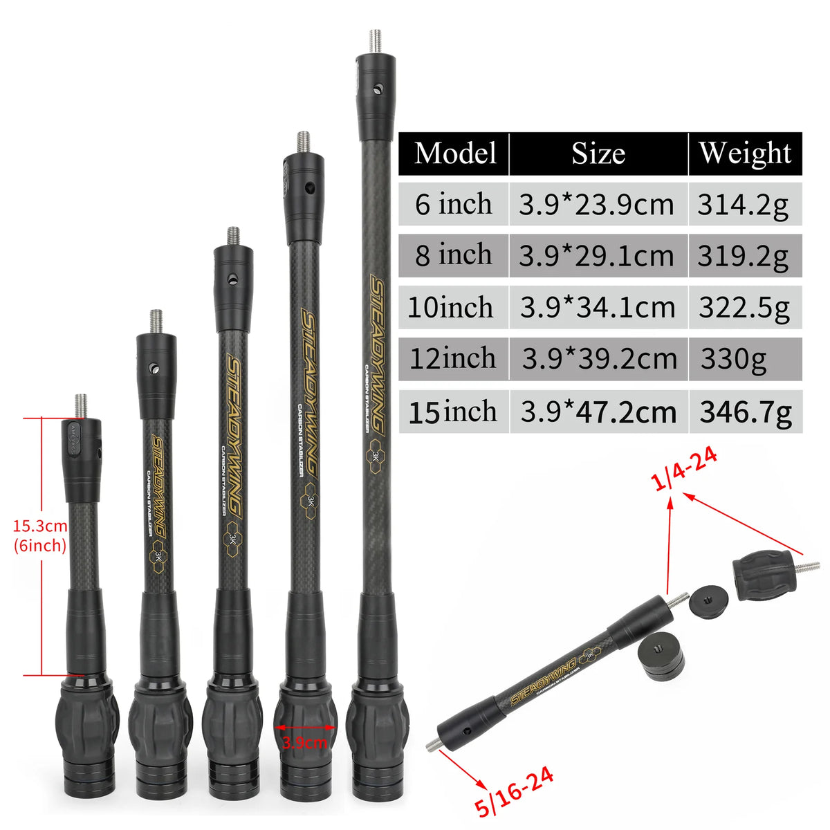 Archery Bow Stabilizer Balance Rod 6/8/10/12/15 Inch 3K Carbon Fibre Shock Absorber Damp for Compound Recurve Bow Accuracy