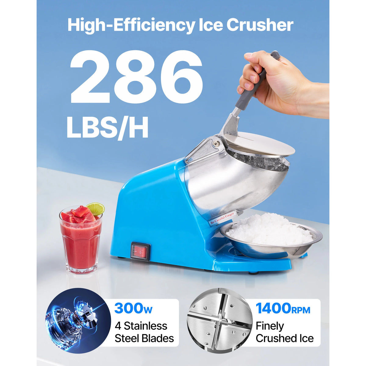 SucceBuy Ice Crusher Machine 286lbs Per Hour Electric 4 Blades Snow Cone Maker 300W 2000RPM Ice-Shaver for Home Commercial Use