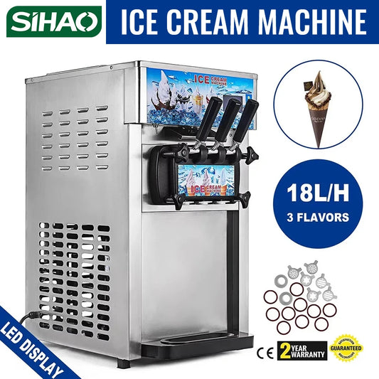 SIHAO Commercial Soft Serve Ice Cream Machine, 18L/H Tri-Flavor Countertop Ice Cream Maker, LCD Display 1200W Compressor, Stainless Steel, One-Touch Cleaning, for Dessert Shop Cafe Restaurant Snack Bar