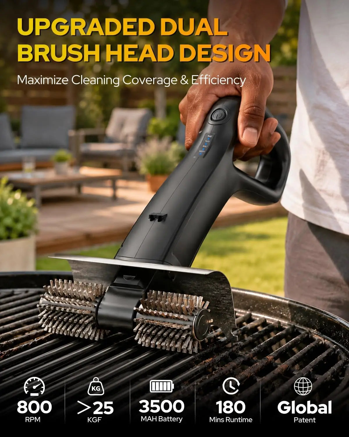2026 Electric Grill Brush with 2 Brush Heads, 800RPM 25kgf High Torque BBQ Cleaner, 3500mAh Battery, 180 Mins Long Runtime, Extended Handle, Works as Grill Scraper for Tough Grease