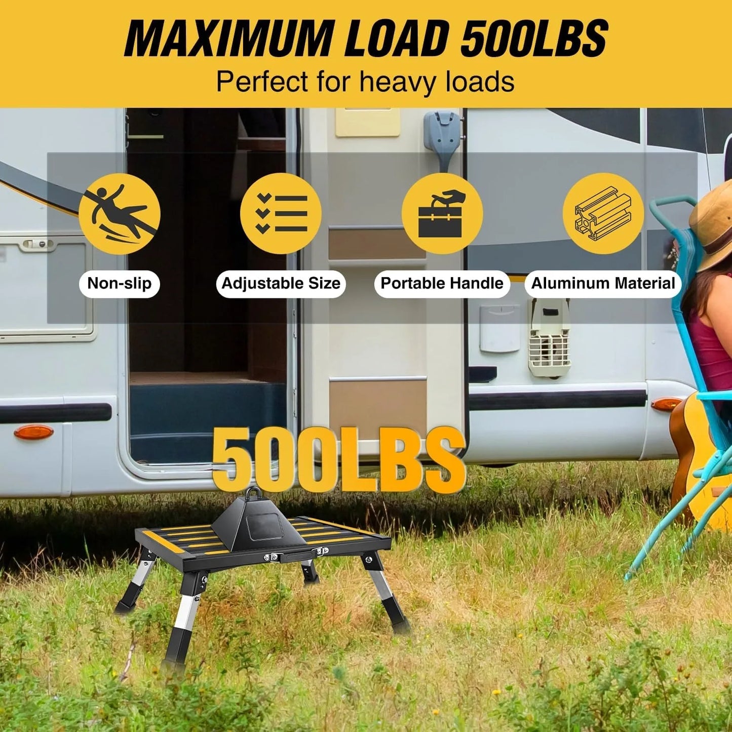 Nilight Portable RV Step Stool Folding Aluminum 19x14.5 Level Adjustable 500lbs Heavy Duty Anti Slip Platform for Camper Trailer