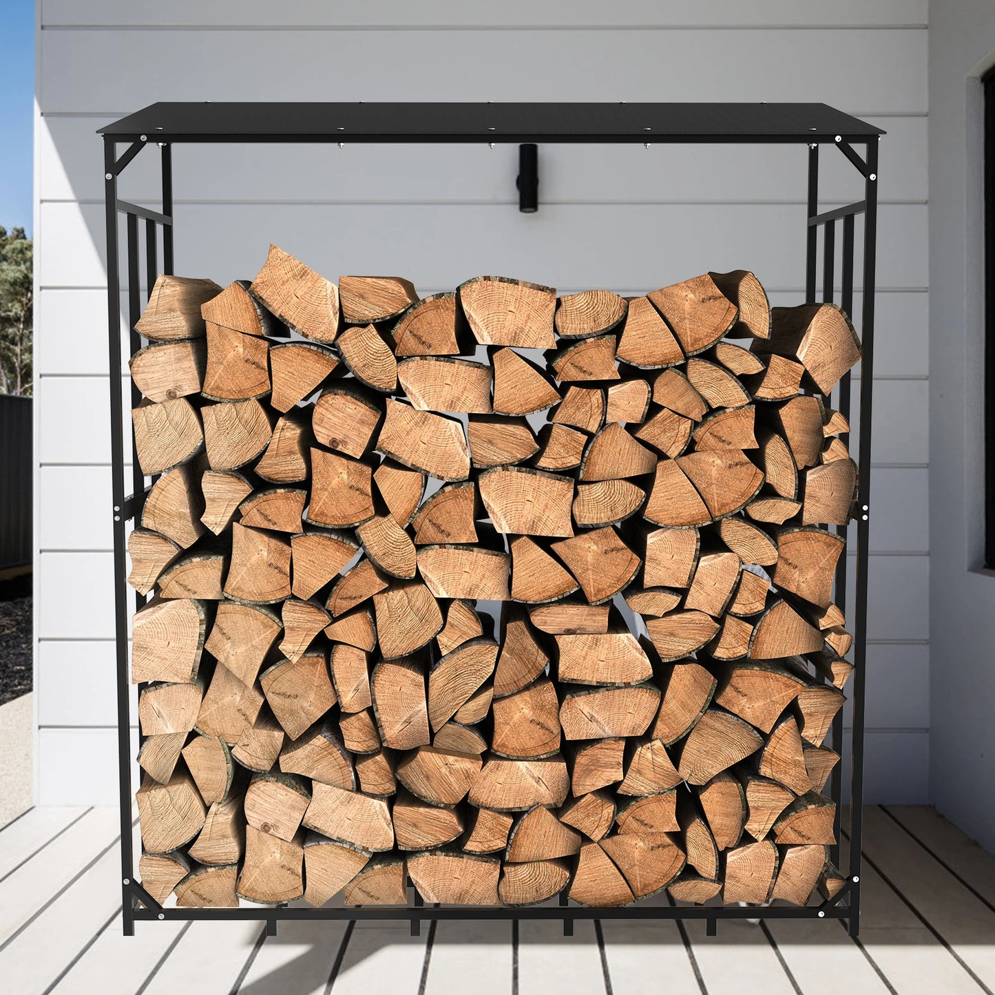 Heavy Duty Metal Firewood Rack With Top Cover Backyard Storage