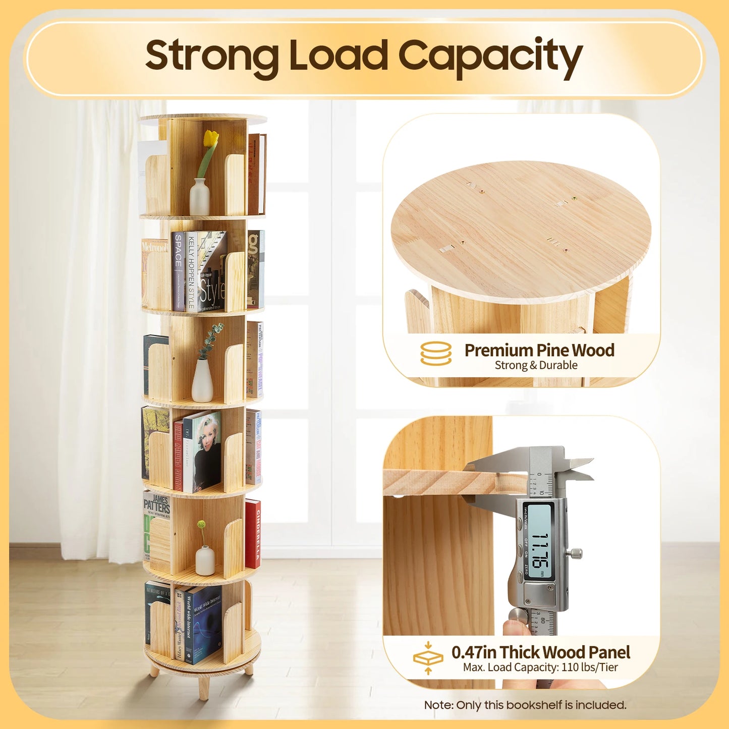 Round Rotating Bookshelf With Wooden Storage Rack For Home