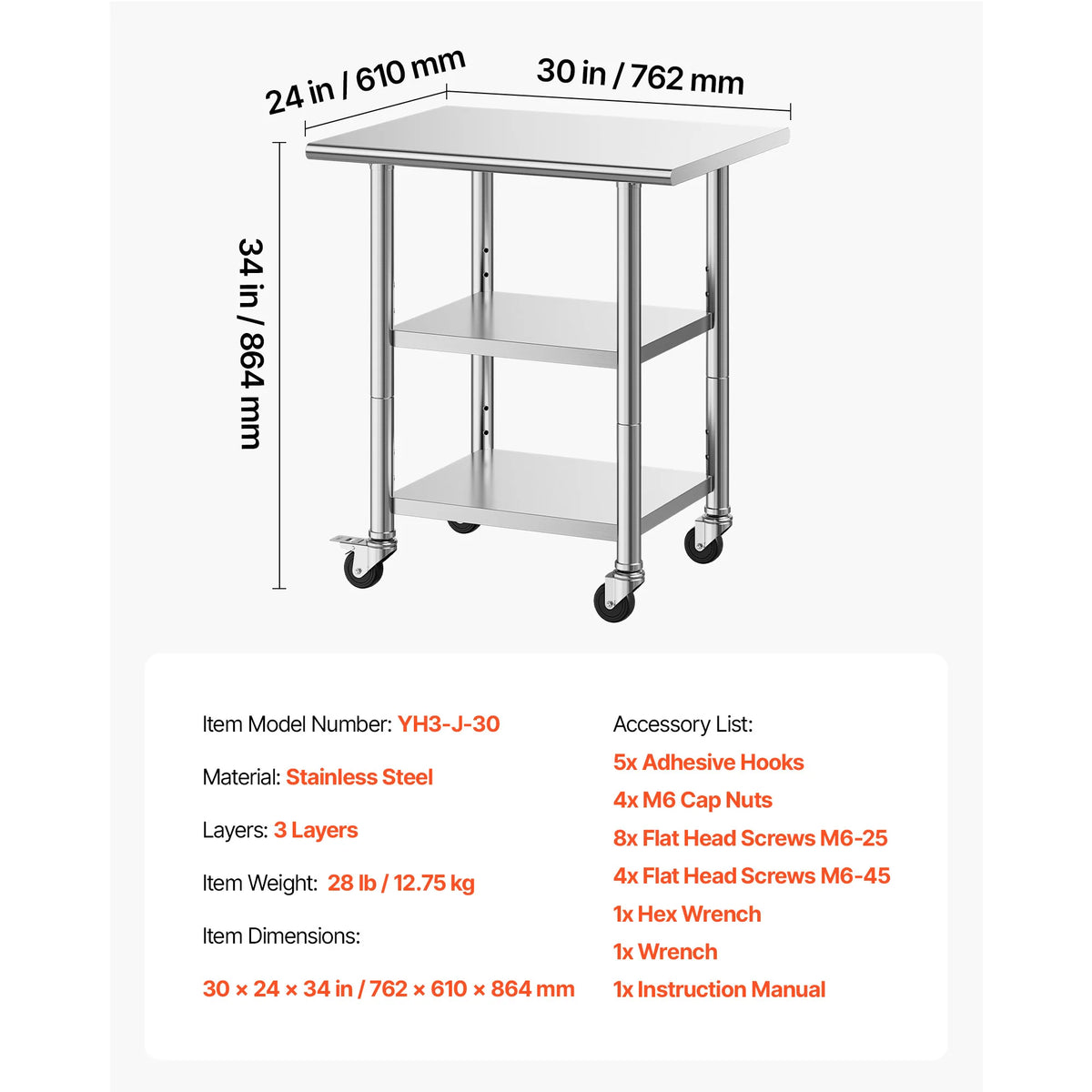 SucceBuy Stainless Steel Work Table With Wheels Commercial Kitchen Station