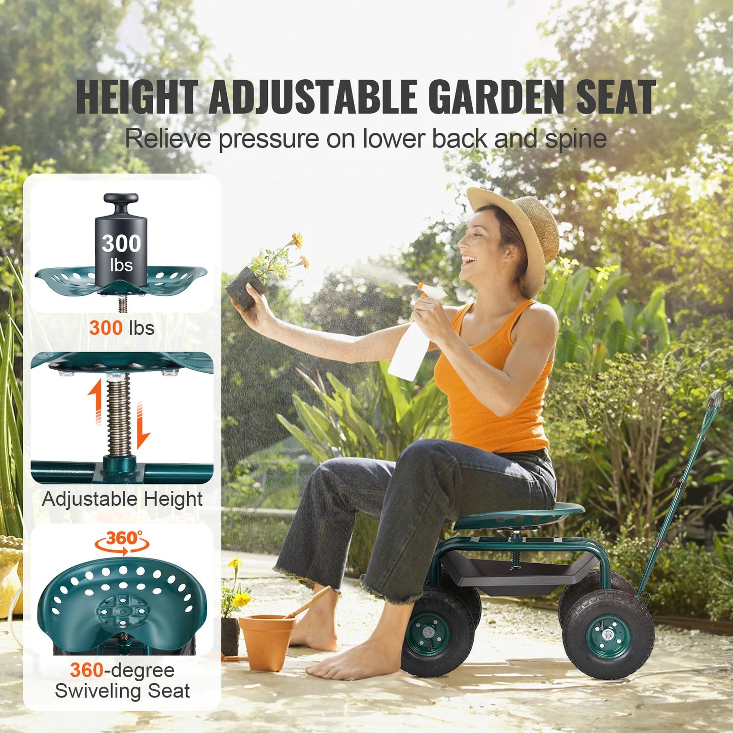 SucceBuy Rolling Garden Cart With Swivel Seat And Steering