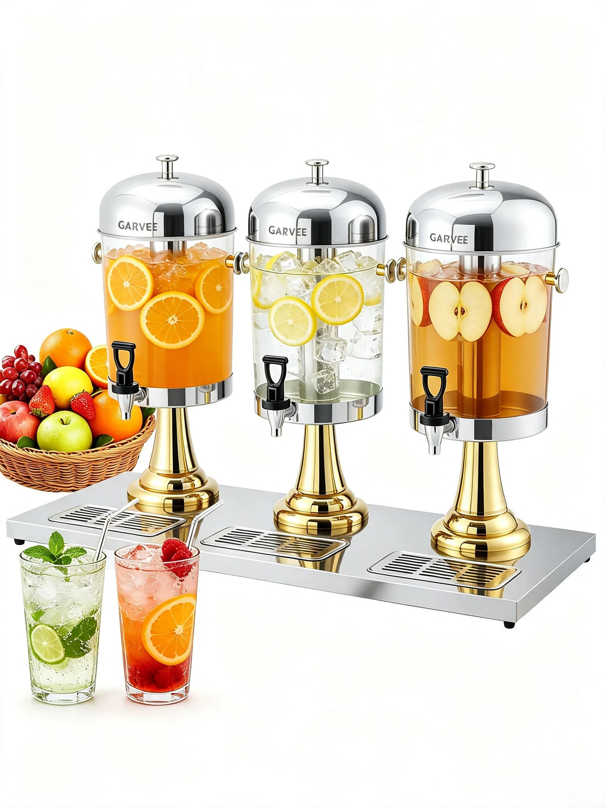 Tacleekii 2.2gal-6.6gal Commercial Drink Dispenser with Ice Core Stainless Steel Beverage Dispenser with Stand, Spigot & Drip Tray for Cold Juice Iced Tea Parties & Weddings