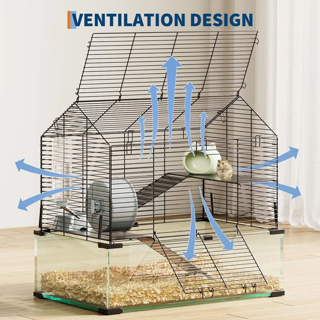 HiMISS Large Three Tier Hamster Cage With Tempered Glass Panels