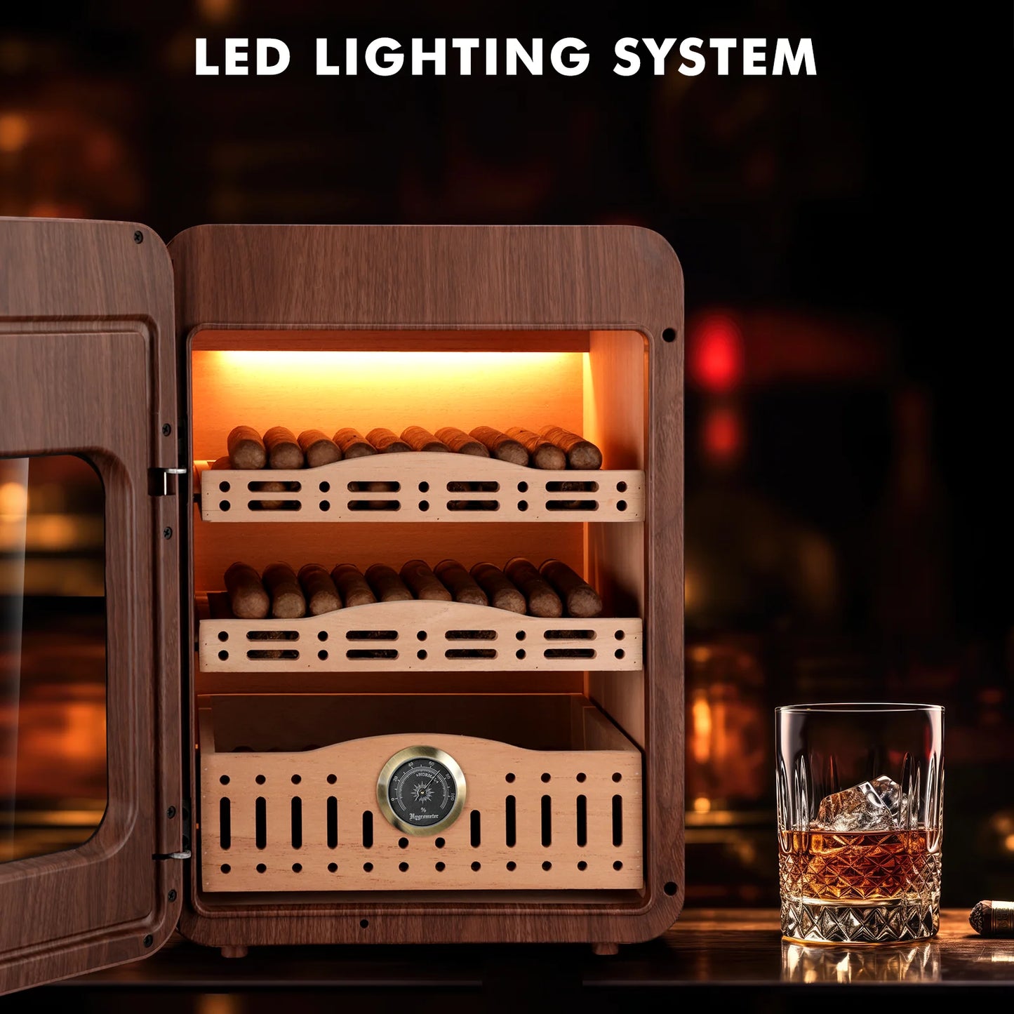 XIFEI Desktop Cigar Humidor With LED Lighting And Cedar Shelves