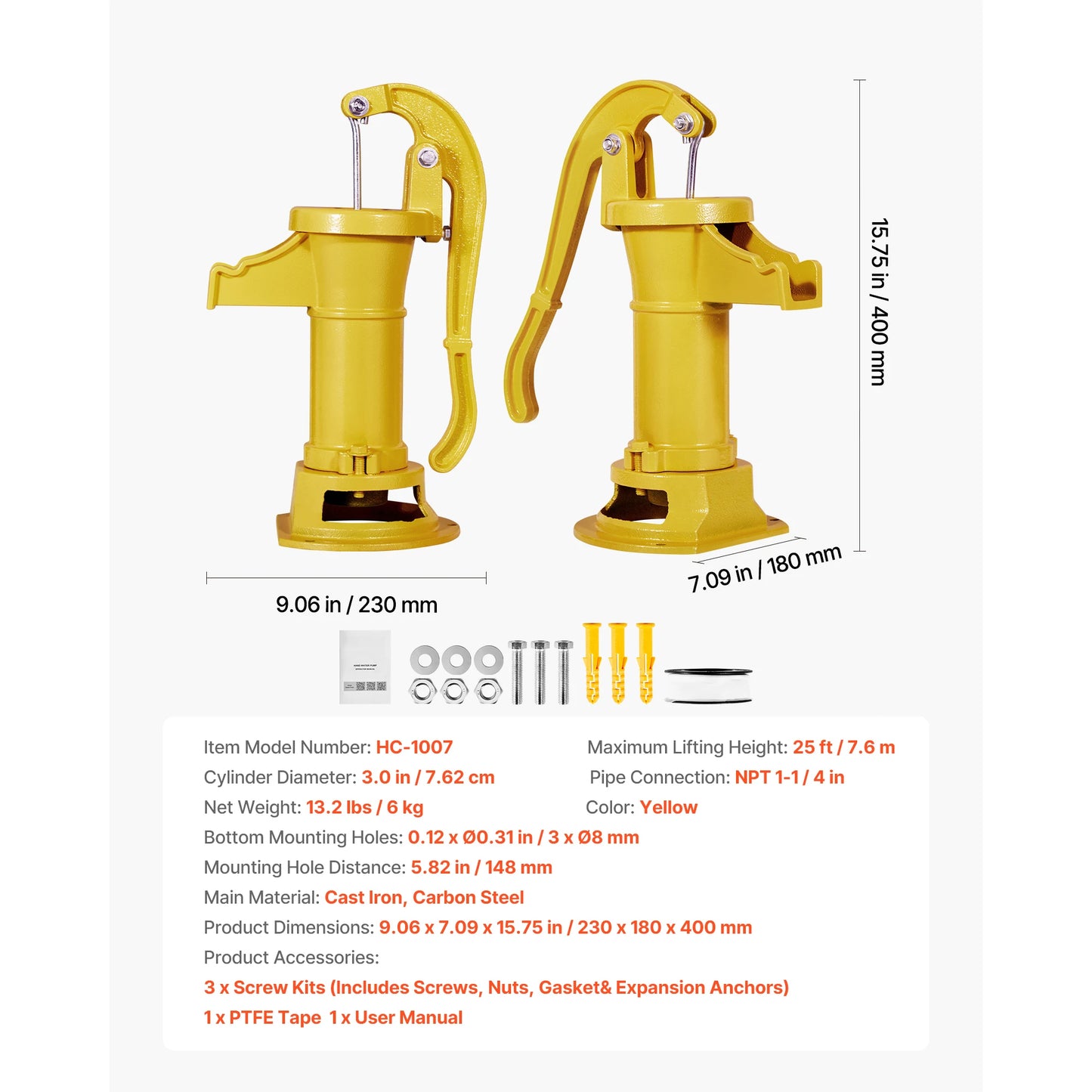 SucceBuy Well Hand Pitcher Pump 25 ft Maximum Lift Cast Iron NPT 1-1/4 in Connection for Garden Pond Farm Red/Black/Yellow/Green
