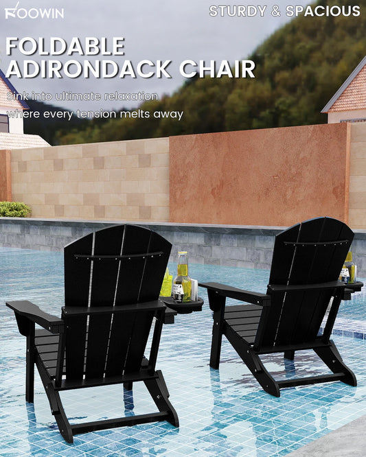 FOOWIN 2pcs Folding Adirondack Chair Weather Resistant HDPE Plastic Cup Holder Outdoor Patio Garden Fire Pit Deck Lawn