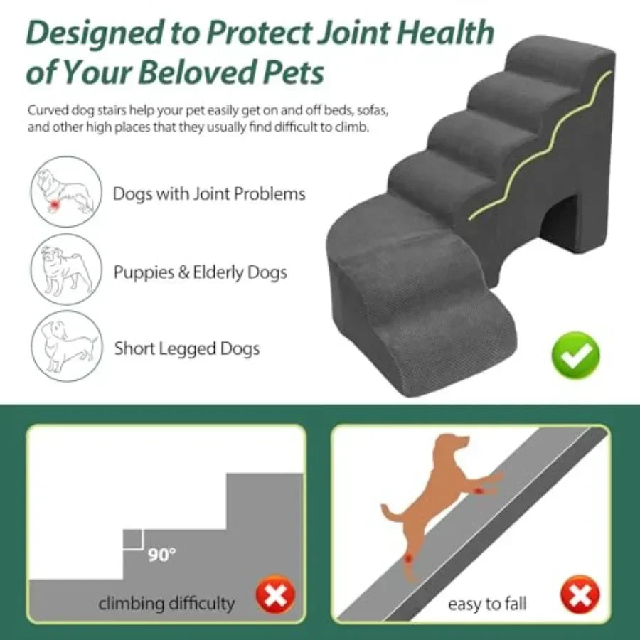 Dog Stairs for High Bed 28-32 Inches Tall, 6 Tier Pet Stairs for Small Dogs Indoor Use, Polyester Fabric, Gray, Non-Slip Surfac