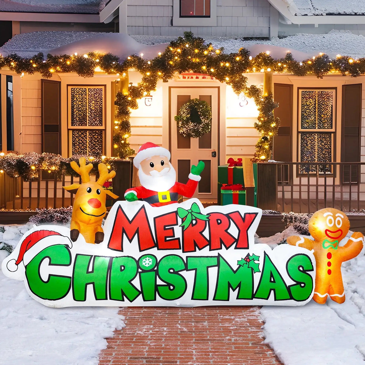 Christmas Inflatable Sign With Santa Reindeer And Gingerbread Yard Decor