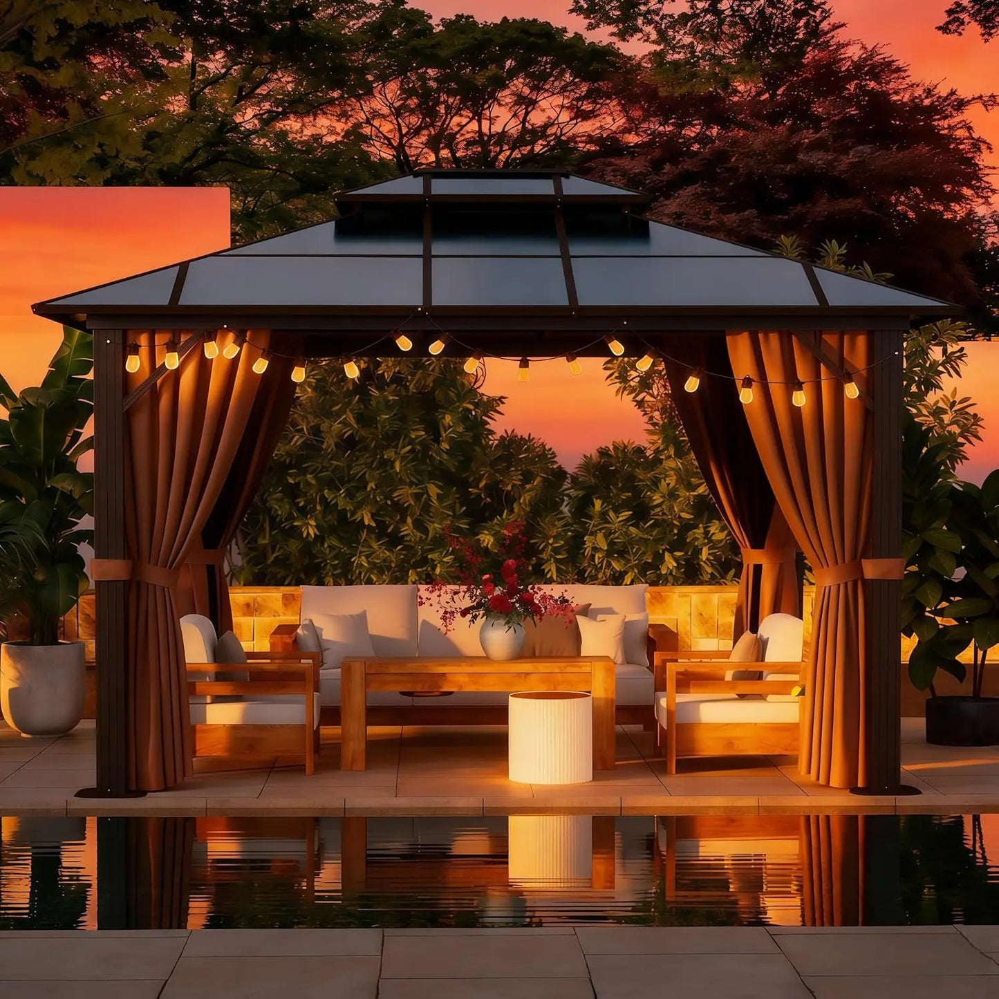 10'x12' Hardtop Gazebo, Aluminum Frame Permanent Pavilion with String Lights,Curtains and Netting, Outdoor Metal Gazebo, Custom