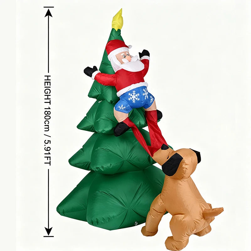 Christmas Inflatable Dog Chasing Santa Climbing Tree With LED Lights