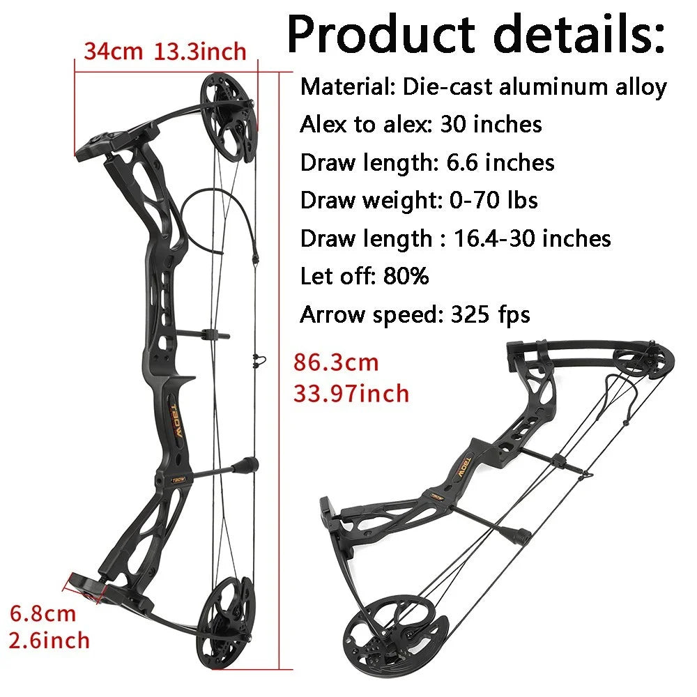 Compound Bow 0-70lbs Adjustable 80% Let-off 325fps Aluminum Alloy Riser Right Hand for Hunting Shooting Outdoor Target Practice