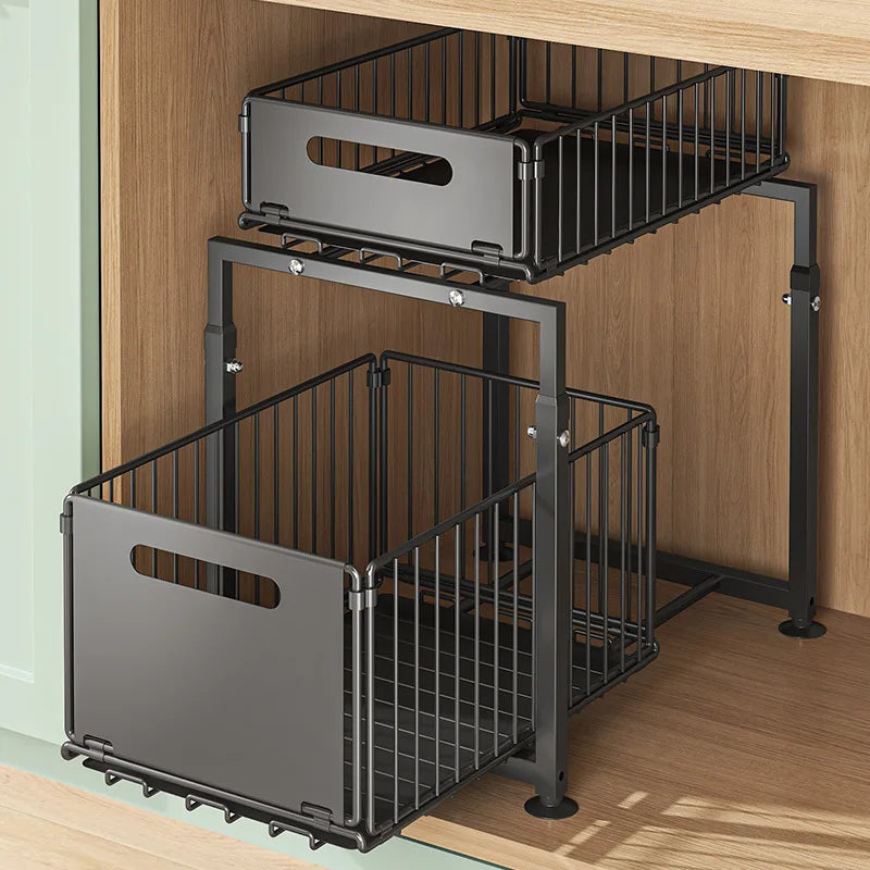 Aehome Adjustable Metal Under Sink Slide Out Cabinet Organizer Shelf