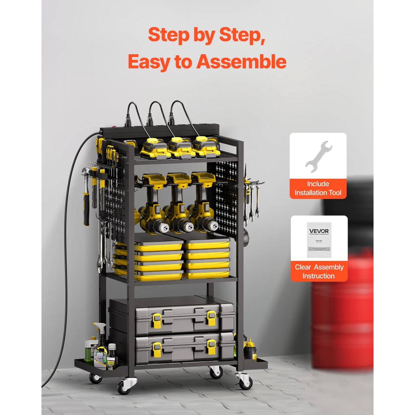 Rolling Tool Organizer Cart With Integrated AC Charging Station