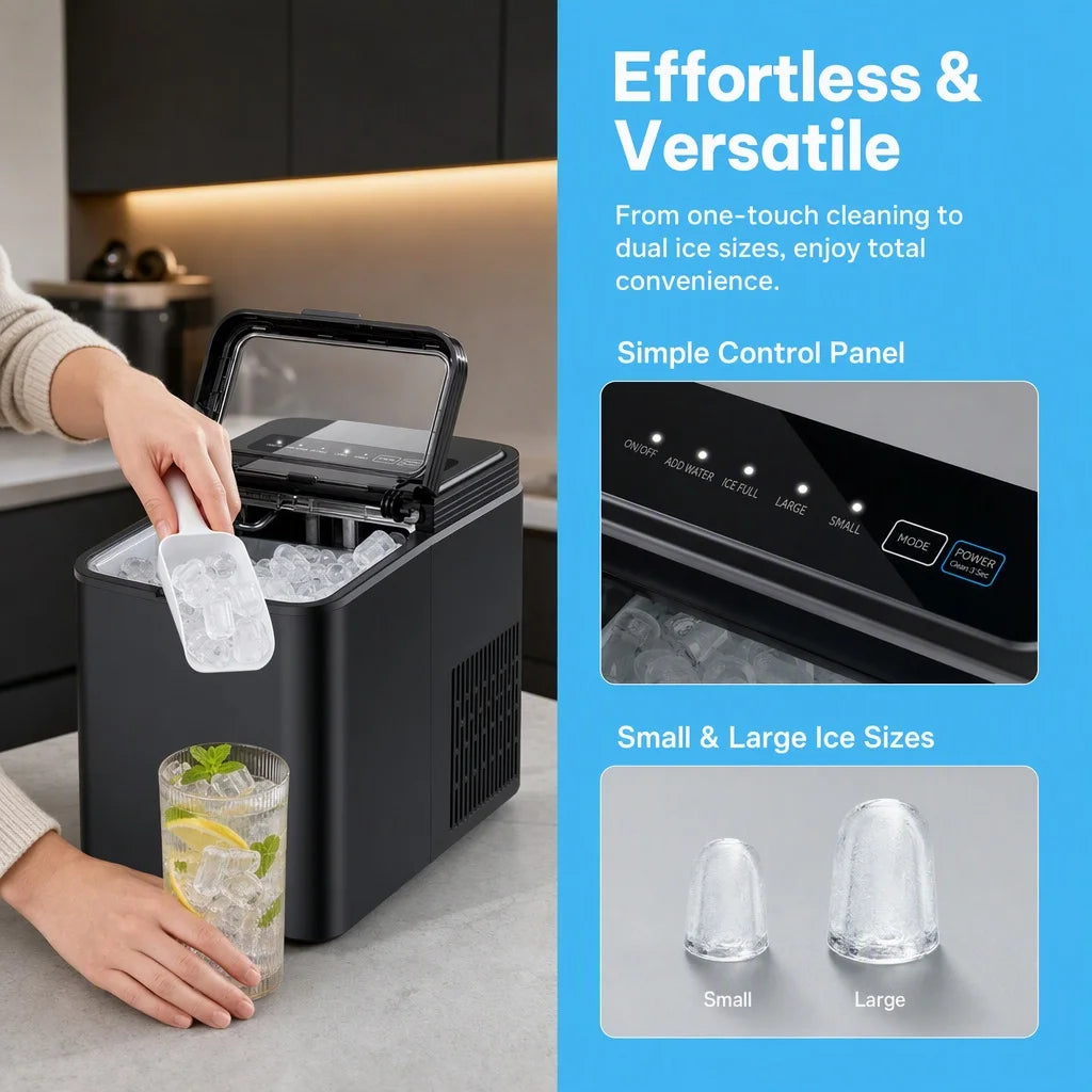 Ice Maker Countertop, 8 Ice Cubes in 6 Mins, 26.5 Lbs/24H, 2 Bullet Ice Sizes, Self-Cleaning Bullet Ice Maker, Portable Ice Machine for Kitchen, Party, Office, and RV Camping
