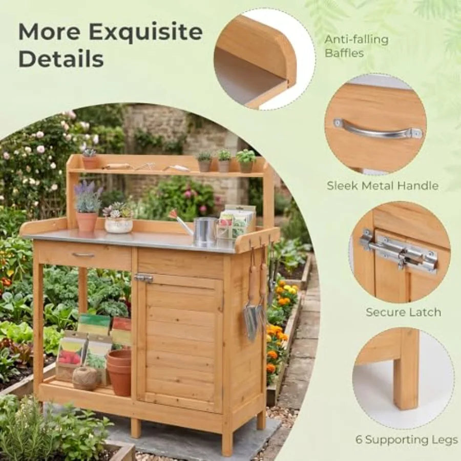 Potting Bench Table with Storage Cabinet Drawer Yellow Plant Workstation with Shelves 3 Hooks, Solid Fir Wood for Indoor Outdoo