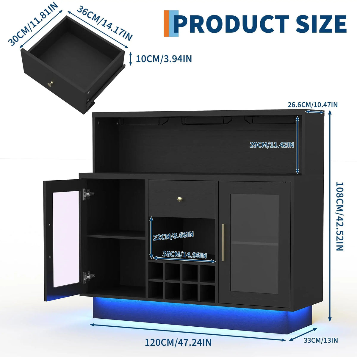 HiMiss LED Wine Bar Cabinet Glass Doors Charging Station
