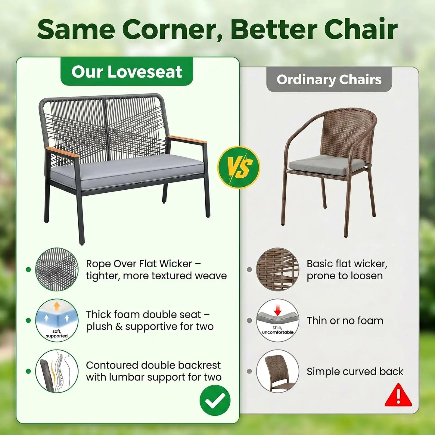 Rattan Patio Loveseat for 2 with Cushion,Patio Loveseat with Curved Back and WPC Armrest,Two-Person Seating for Porch,Balcony,Terrace