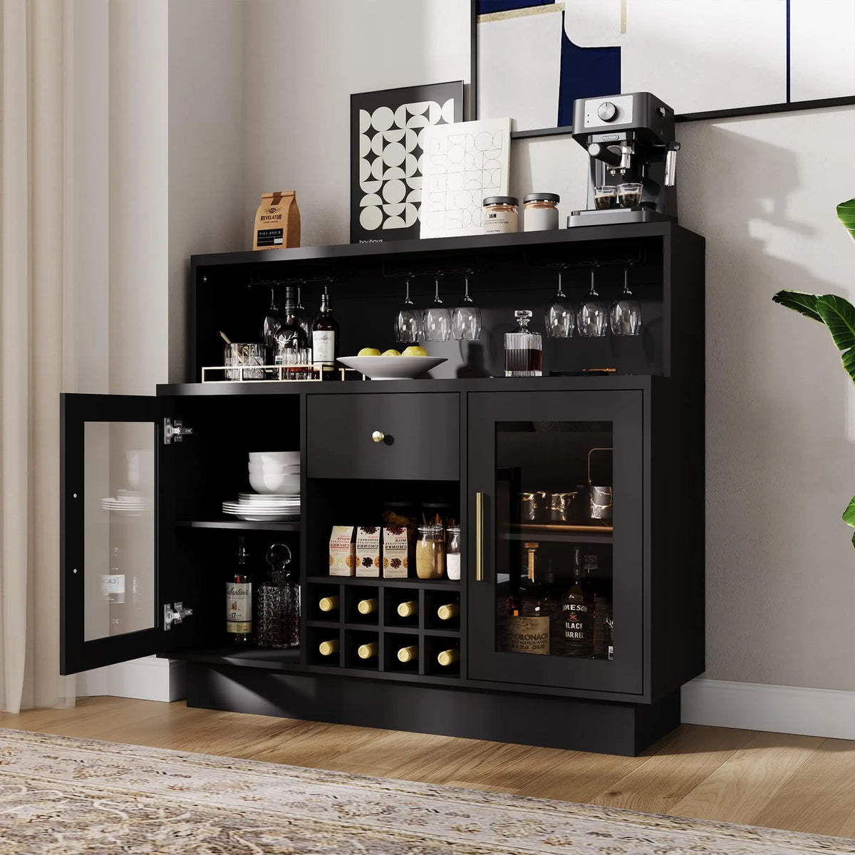 HiMiss LED Wine Bar Cabinet Glass Doors Charging Station