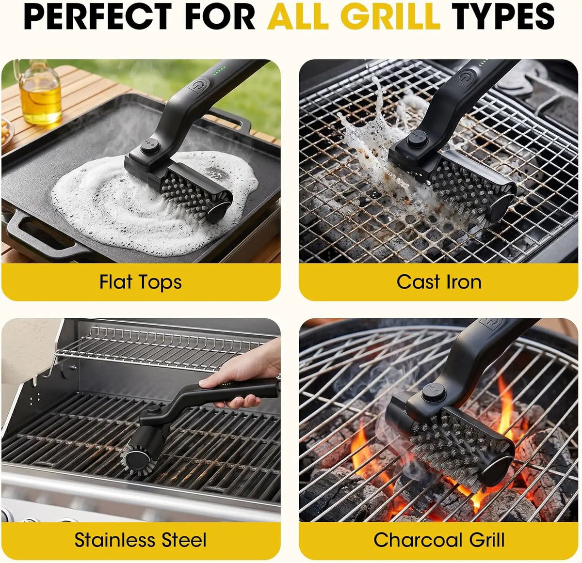 Electric Grill Brush, High Torque Grill Brush with 3-Speed Modes, 20kg Max Torque BBQ Cleaner, Safe for Porcelain, Cast Iron & Stainless Steel Grates, Reinforced Steel Bristles, Comes with Extra Cloth Brush Head and Heat Resi
