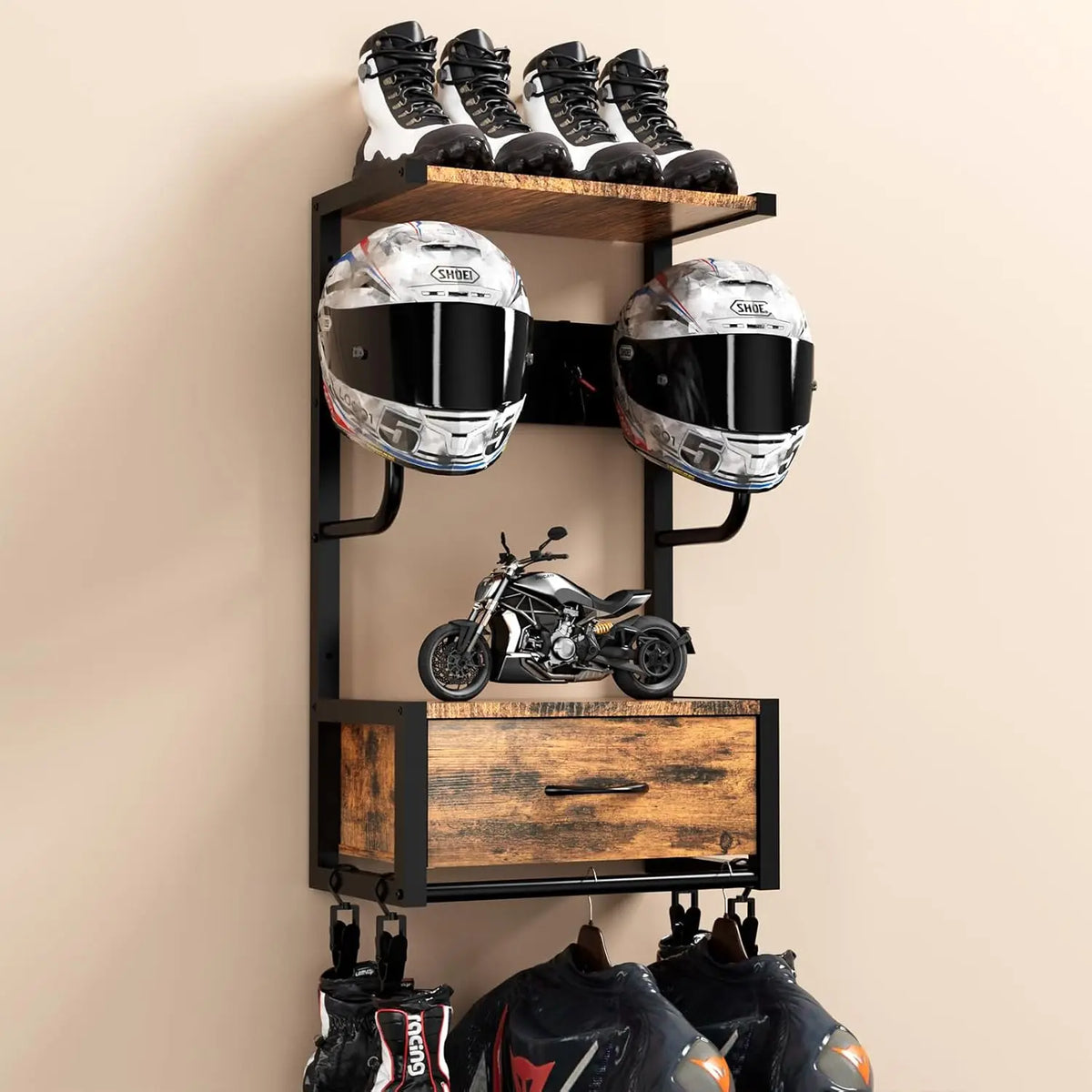 HiMISS Wall Mounted Motorcycle Helmet Holder And Glove Rack