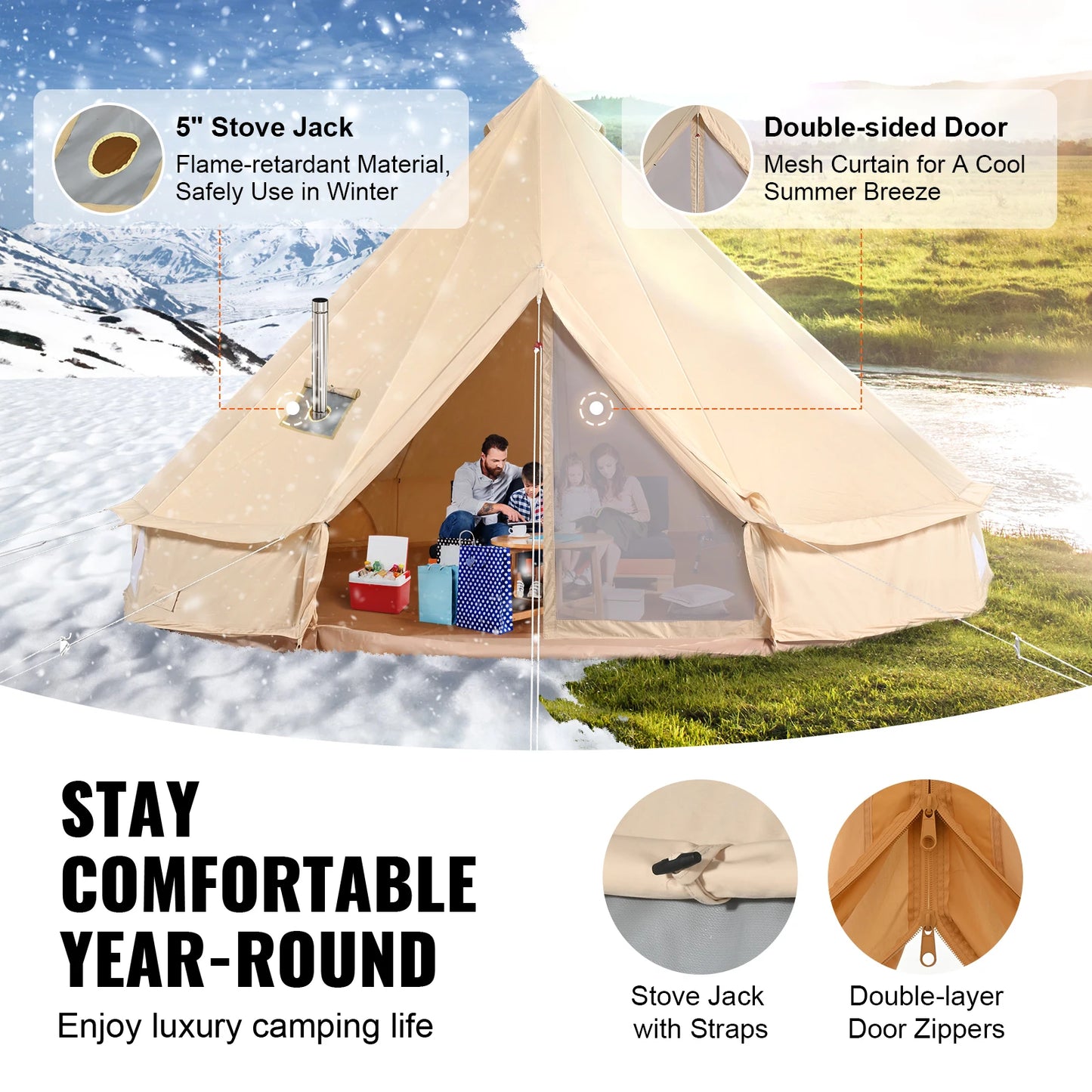 SucceBuy Four Season Canvas Bell Tent For Camping With Stove