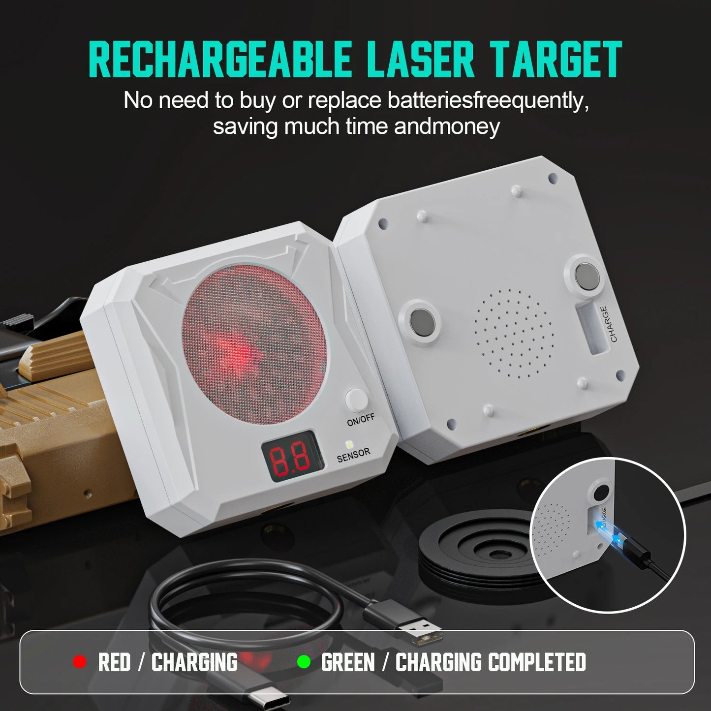 Portable rechargeable laser target, adjustable brightness and volume, five difficulty levels shooting training equipment.