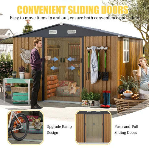 10x12 foot outdoor storage shed, oversized metal shed with lockable doors and windows, outdoor steel cabin