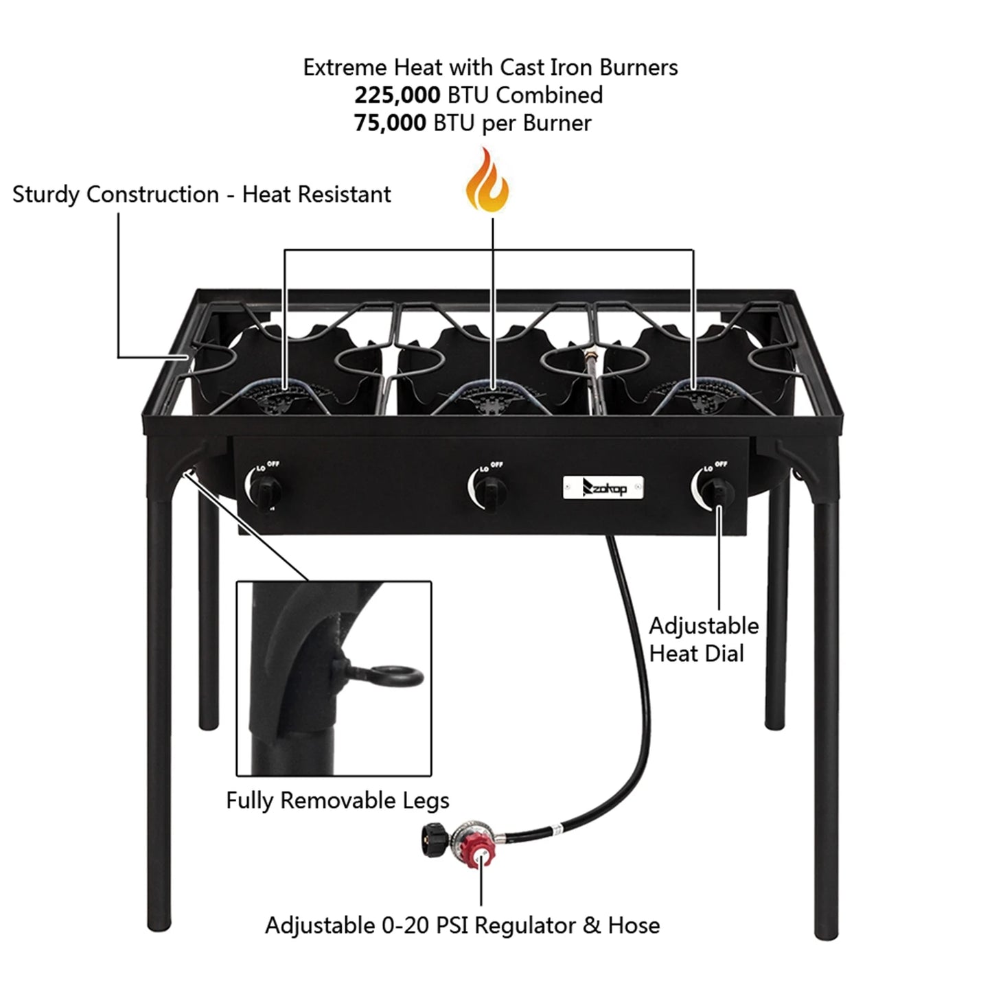 Portable Outdoor Propane Stove With Three Durable Cast Iron Burners