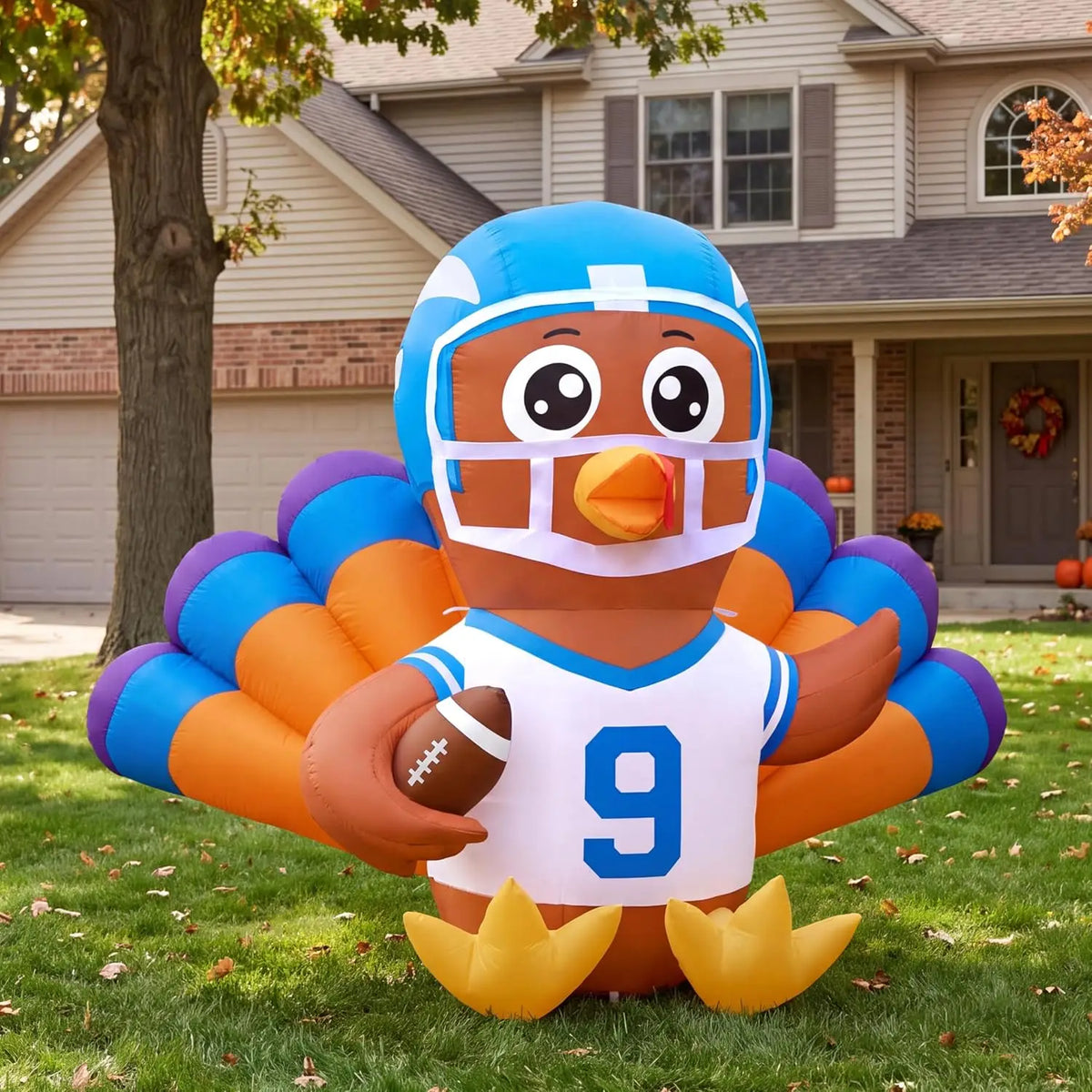 Joyfy Light Up Thanksgiving Turkey Inflatable With Football Outdoor Decor