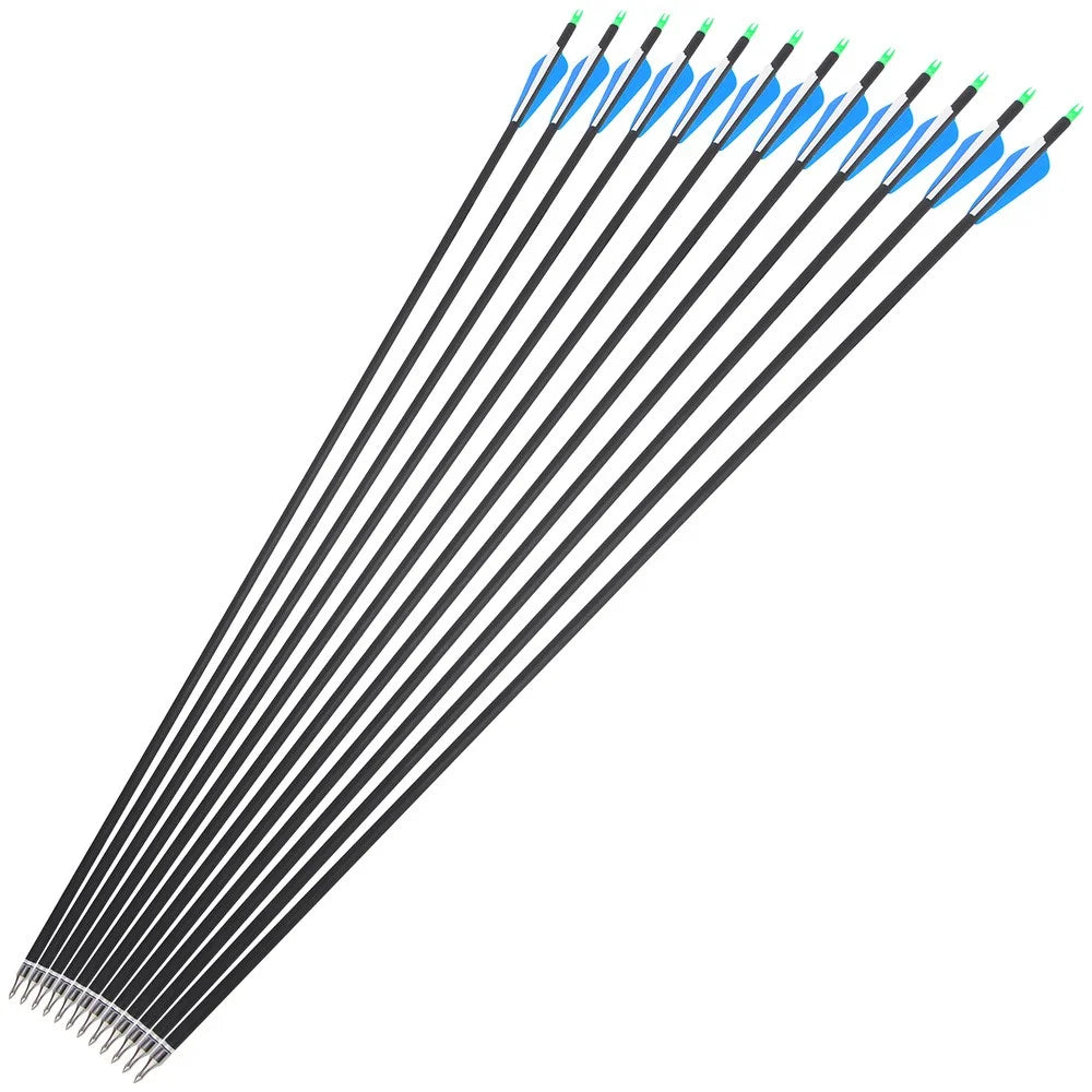 Hunting Carbon Arrows 12pcs 31.5 Inch Spine 500 ID6.2mm OD7.8mm 3 Inch Rubber Feather 100 Grain Tips for Recurve Bow