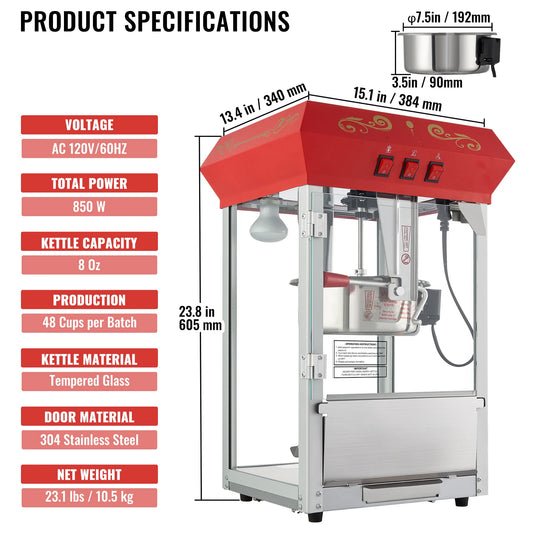 Commercial Countertop Popcorn Maker With Tempered Glass Kettle