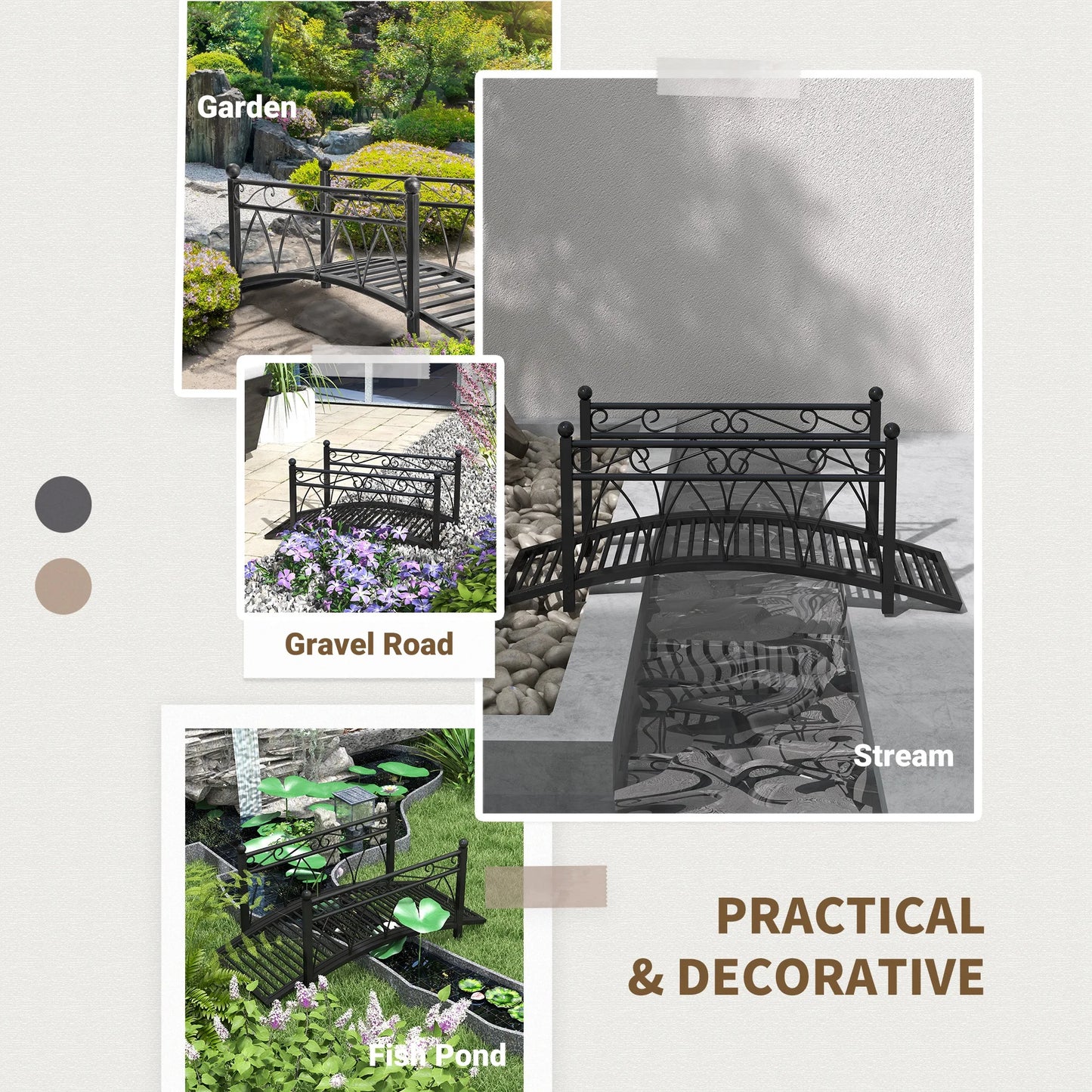 3.3' Metal Garden Bridge, Safety Railings, Spheres, Scrollwork for Pond, Stream