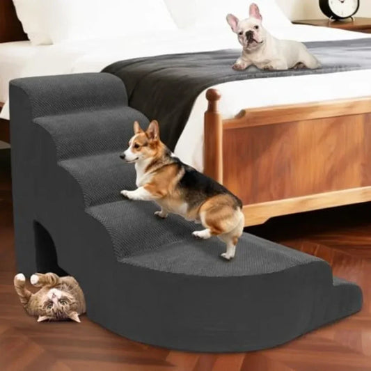 Dog Stairs for High Bed 28-32 Inches Tall, 6 Tier Pet Stairs for Small Dogs Indoor Use, Polyester Fabric, Gray, Non-Slip Surfac