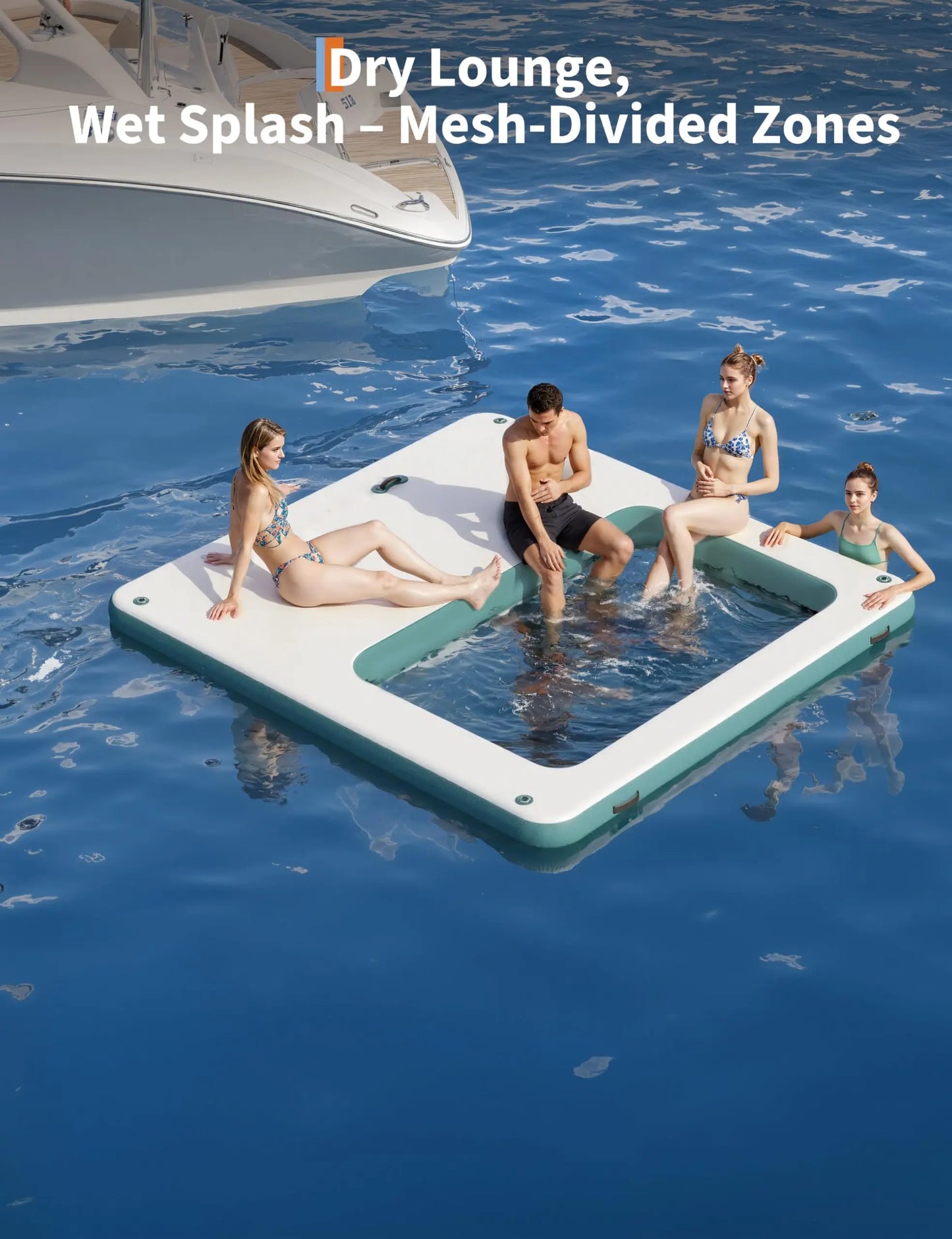 10x10FT Inflatable Water Floating Dock Platform Square Inflatable Dock Floating Platform with Mesh, Non-Slip EVA Platform and Rope Ladder