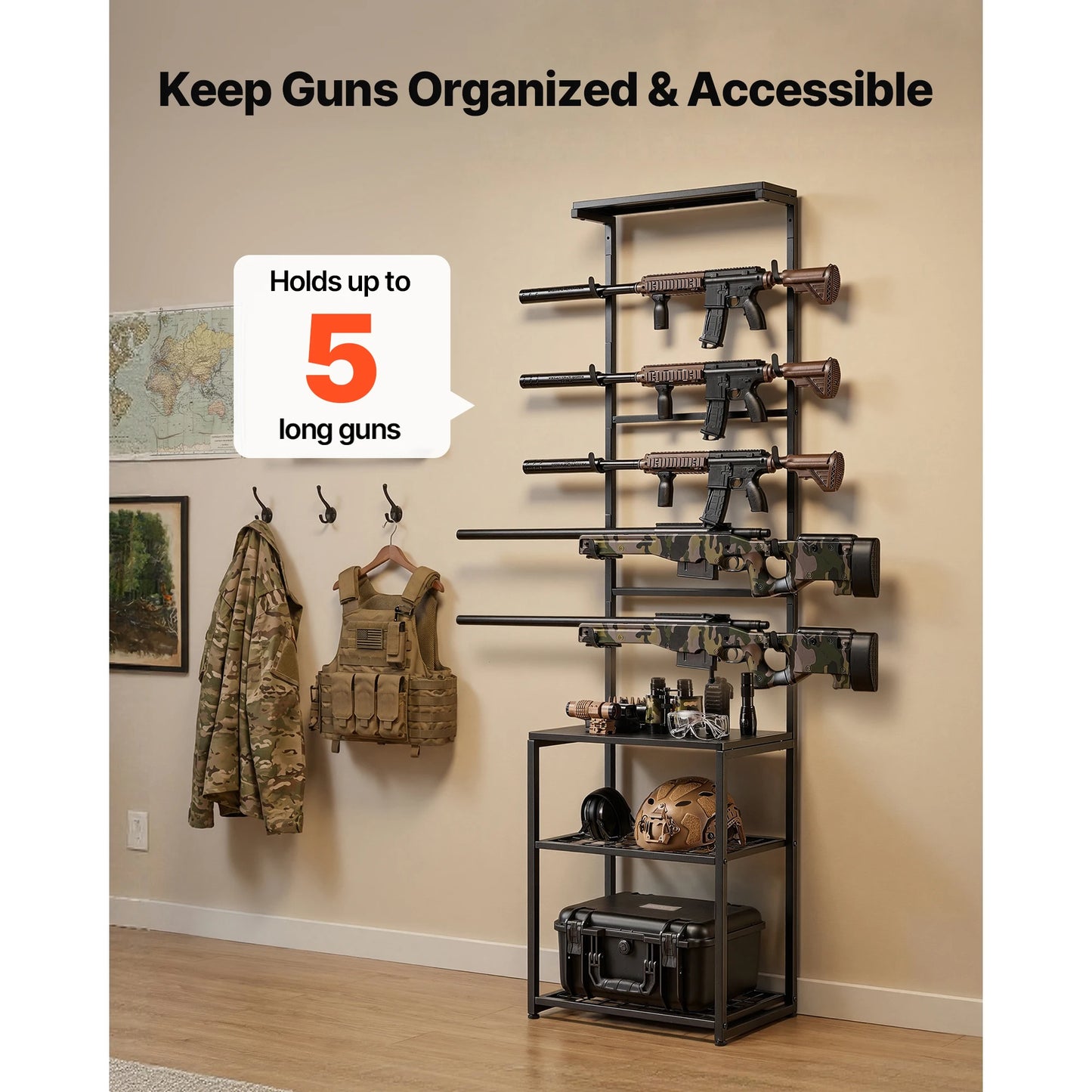 SucceBuy Steel Freestanding Gun Rack With Storage Shelf Display Stand