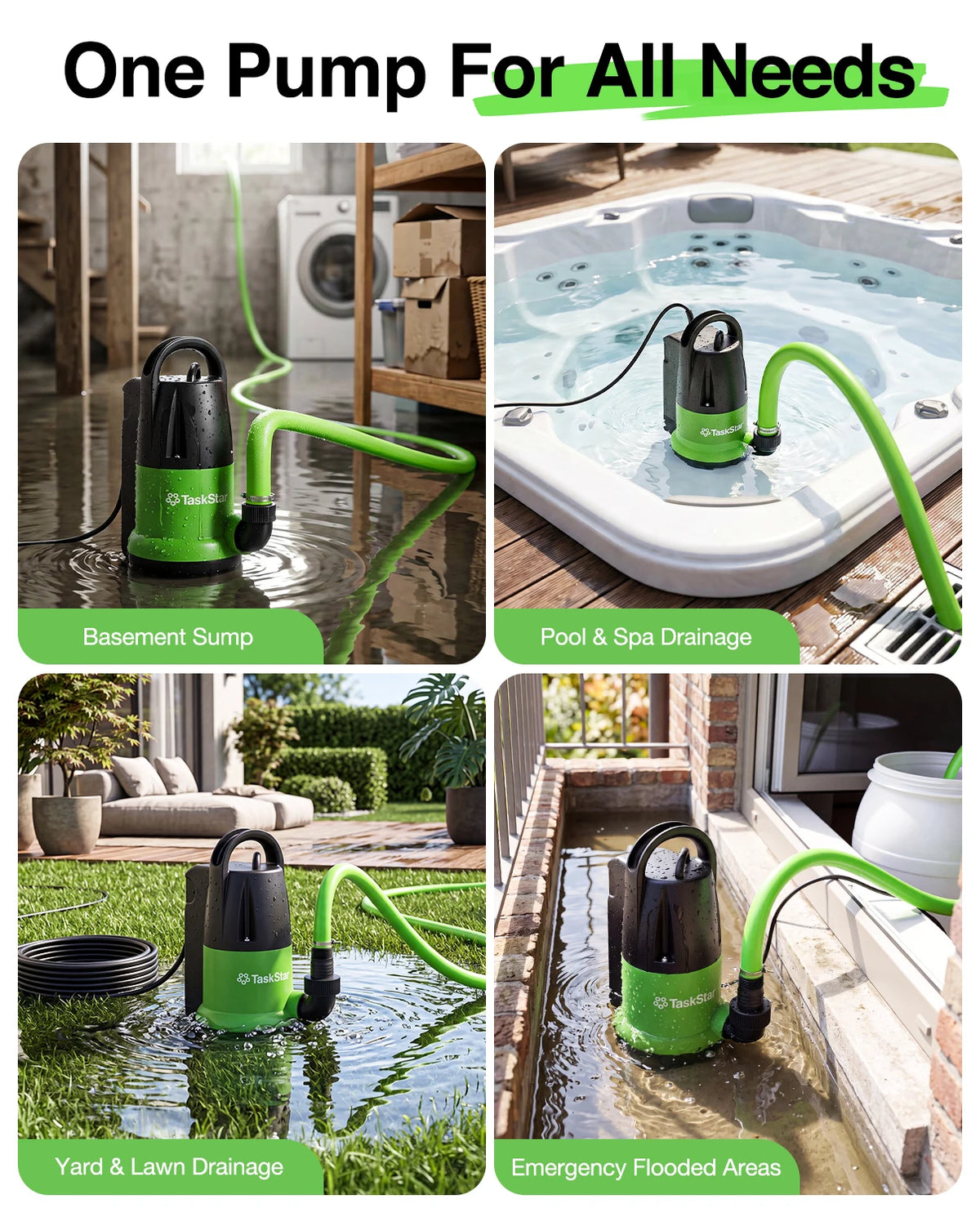 TaskStar 1HP Submersible Water Pump 4000GPH Sump Pump with 25Ft Long Cord Built‑in Vertical Float Switch 28Ft Max Lift for Basement Pool Hot Tub Yard Flood Drainage